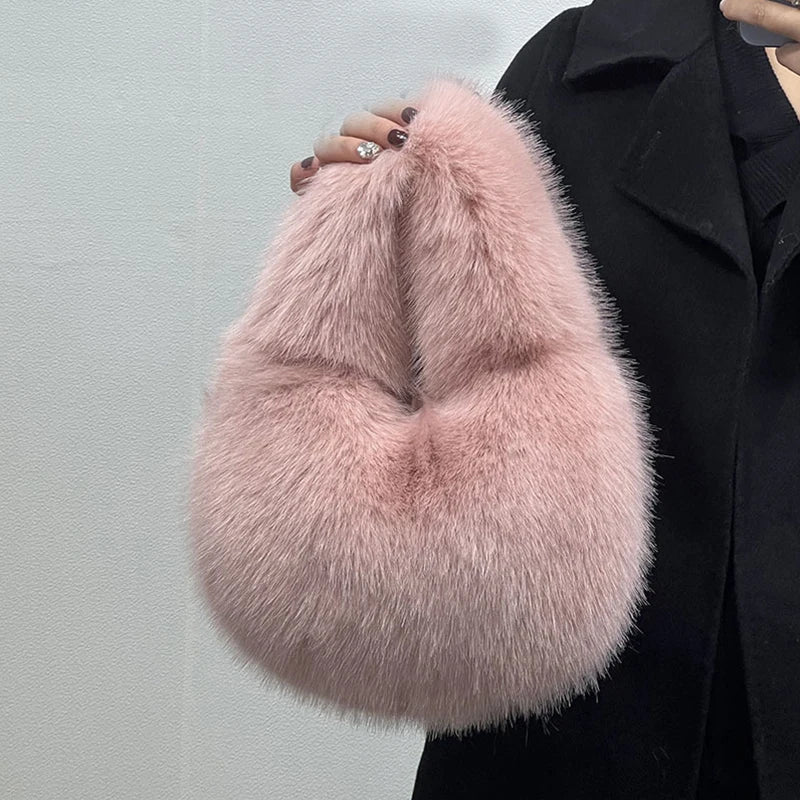 Soft Plush Half Moon Bags: Designer Fluffy Faux Fur, Luxury Small Tote