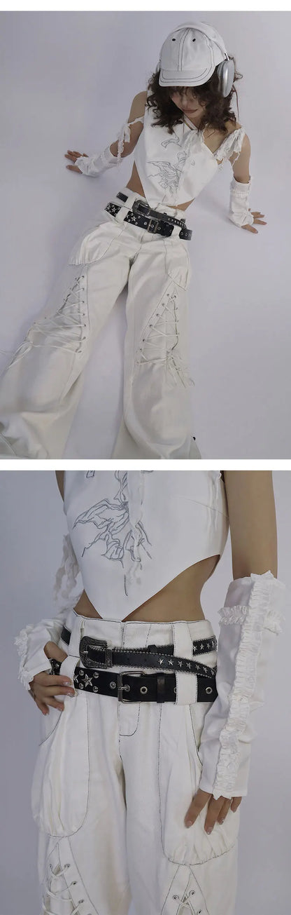 Y2K Low Waist White Jeans with Bandage Detail and Baggy Fit