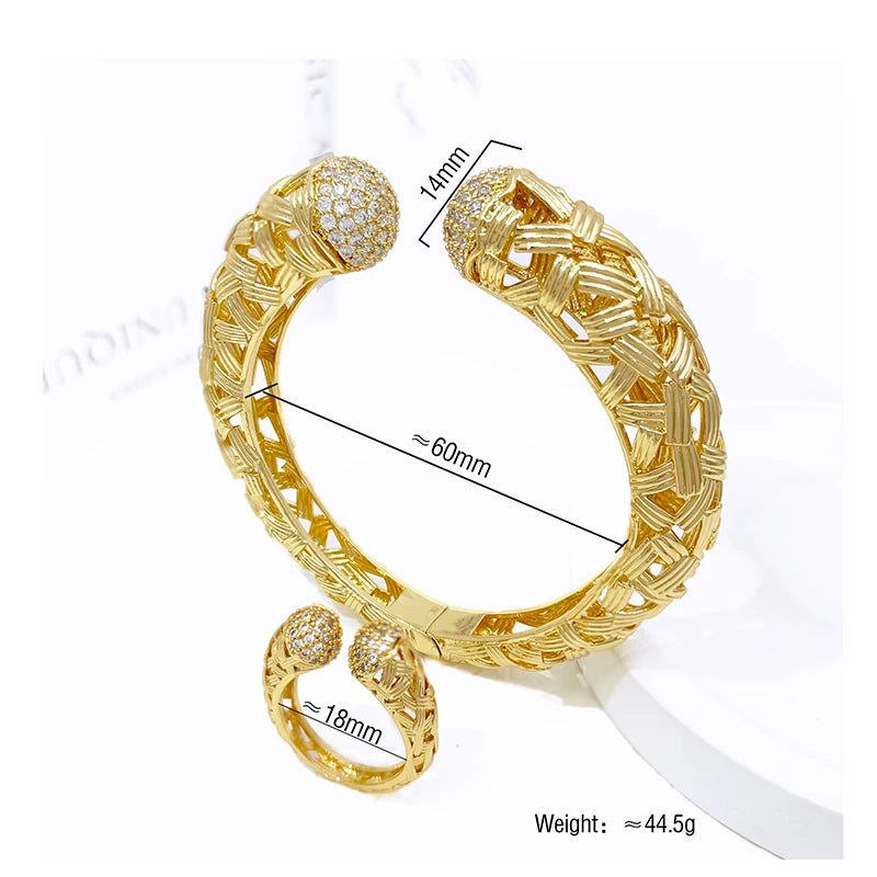 Bracelet For Women 18K Gold Plated Woven Pattern Copper Zircon Bangle And Ring Dubai Jewelry Nigeria Trending Wedding Party Gift