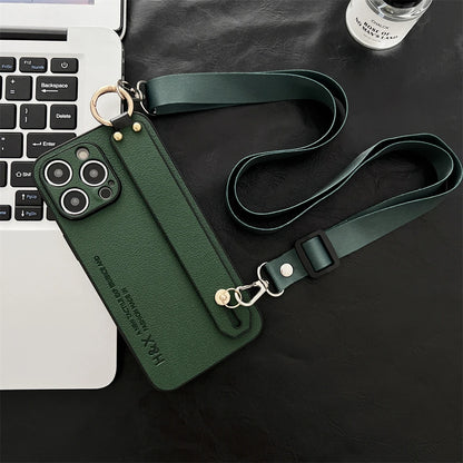 Luxury Litchi Leather Phone Case with Wrist Strap, Stand, and Crossbody Cord for iPhone