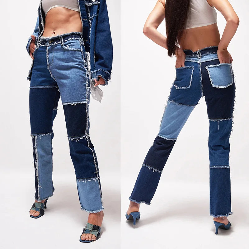 Jeans Dam Raka blå byxor Patchwork