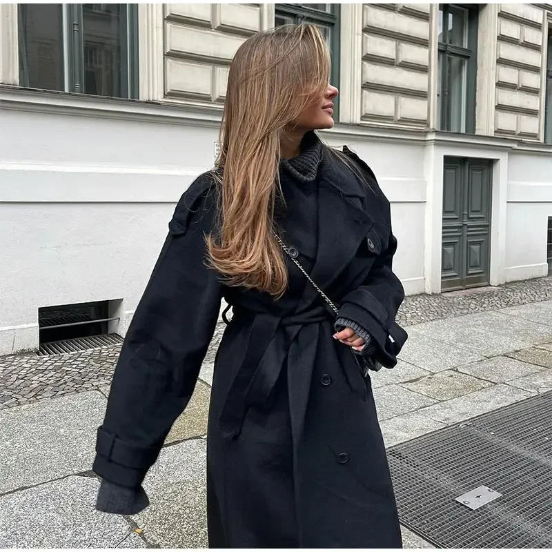 Women's Black Long Wool Coat with Belt and Lapel