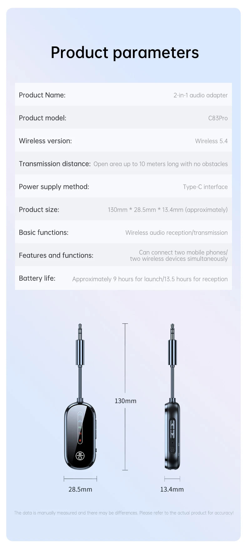 2 i 1 Bluetooth 5.4 ljudsändare mottagare 3,5 mm AUX-uttag Trådlös flygplansadapter Mikrofon för TV Bilsats Högtalare PC-hörlurar