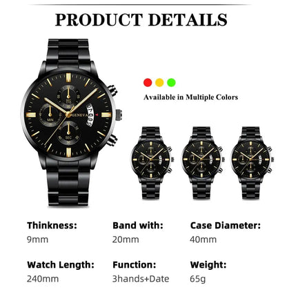 Fashion Men Black Stainless Steel Watch Luxury Calendar Quartz Wrist Watch Mens Business Watches for Man Clock Relogio Masculino