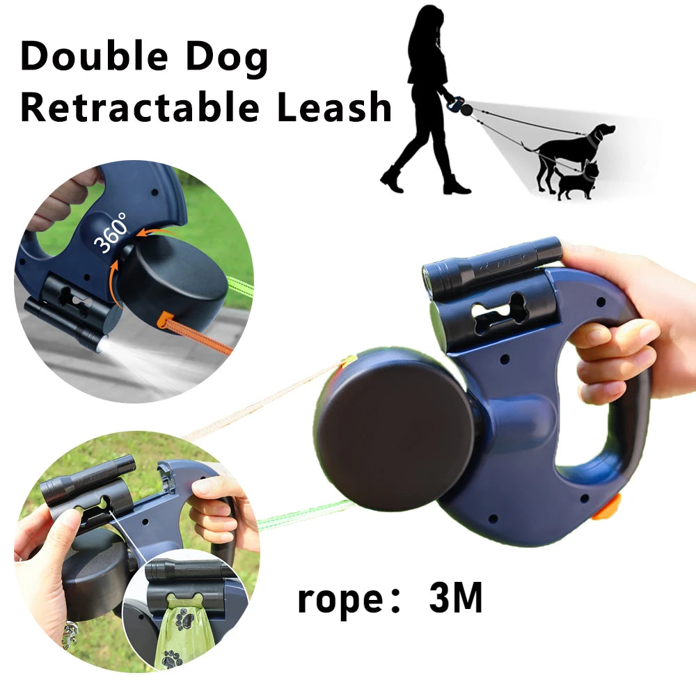 Retractable Dual Dog Leash with LED, 360° Swivel, No-Tangle, Independent Brakes, 3M Reflective Leads