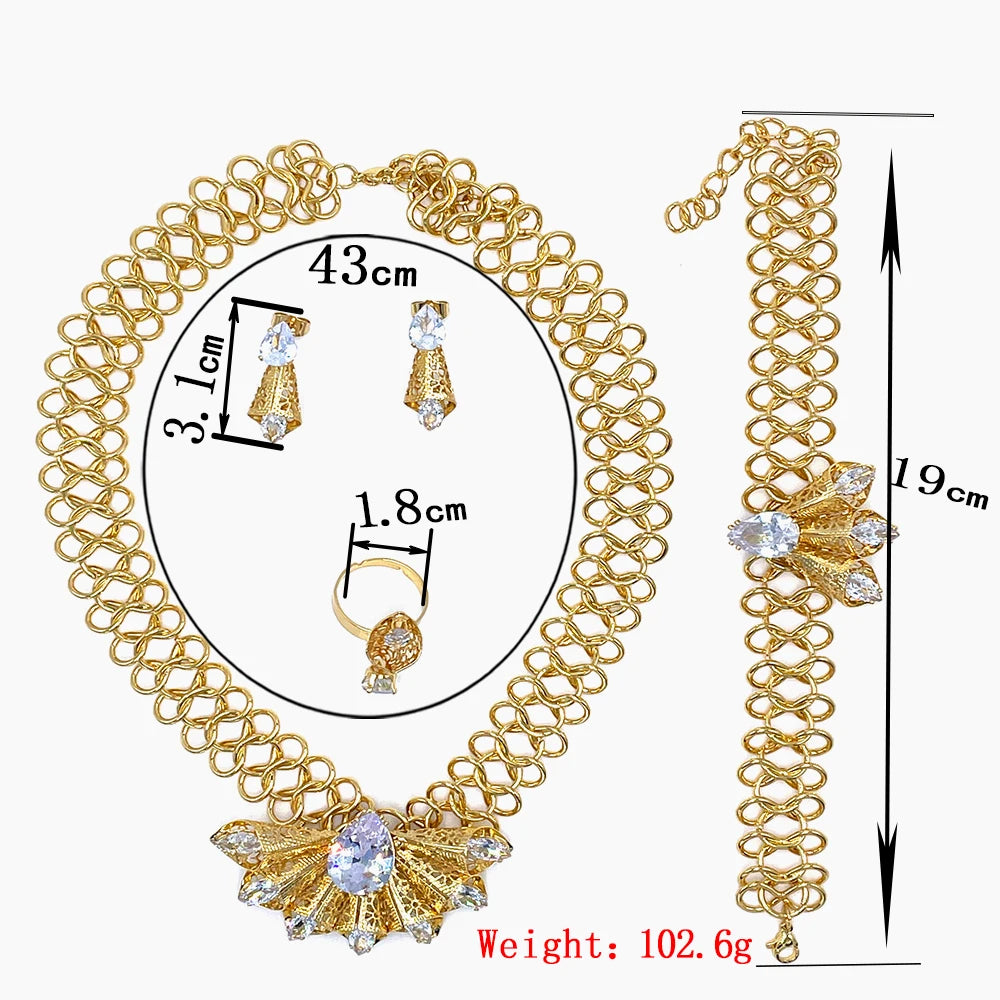 Vintage Women Jewelry Set Luxury Crystal Zircon 18K Gold Plated Necklace Earrings Ring Bracelet Set Jewelry For Wedding Party