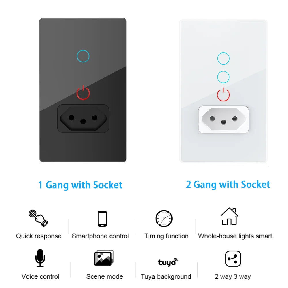 Melery Tuya Wifi Smart Brazil Light Switch Wall Socket Plug Outlet Touch Sensor Glass Panel Remote by Alexa Dot Google Home