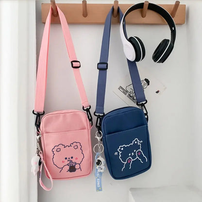 Liten väska i canvas för kvinnor – tecknad björndesign, crossbody-axelväskor, damväska, telefonväska, handväskor.