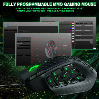 SOLA SM809 Wired Gaming Mouse Side Buttons 22800 DPI 16 Programmable