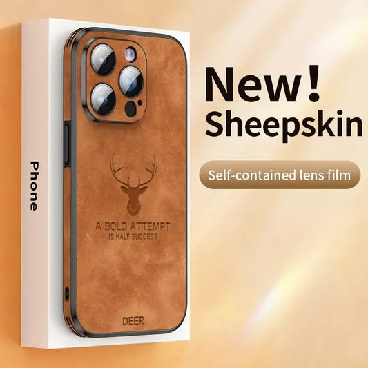 Luxury Deer Leather Phone Case with Lens Glass Bumper and Shockproof Silicone for iPhone