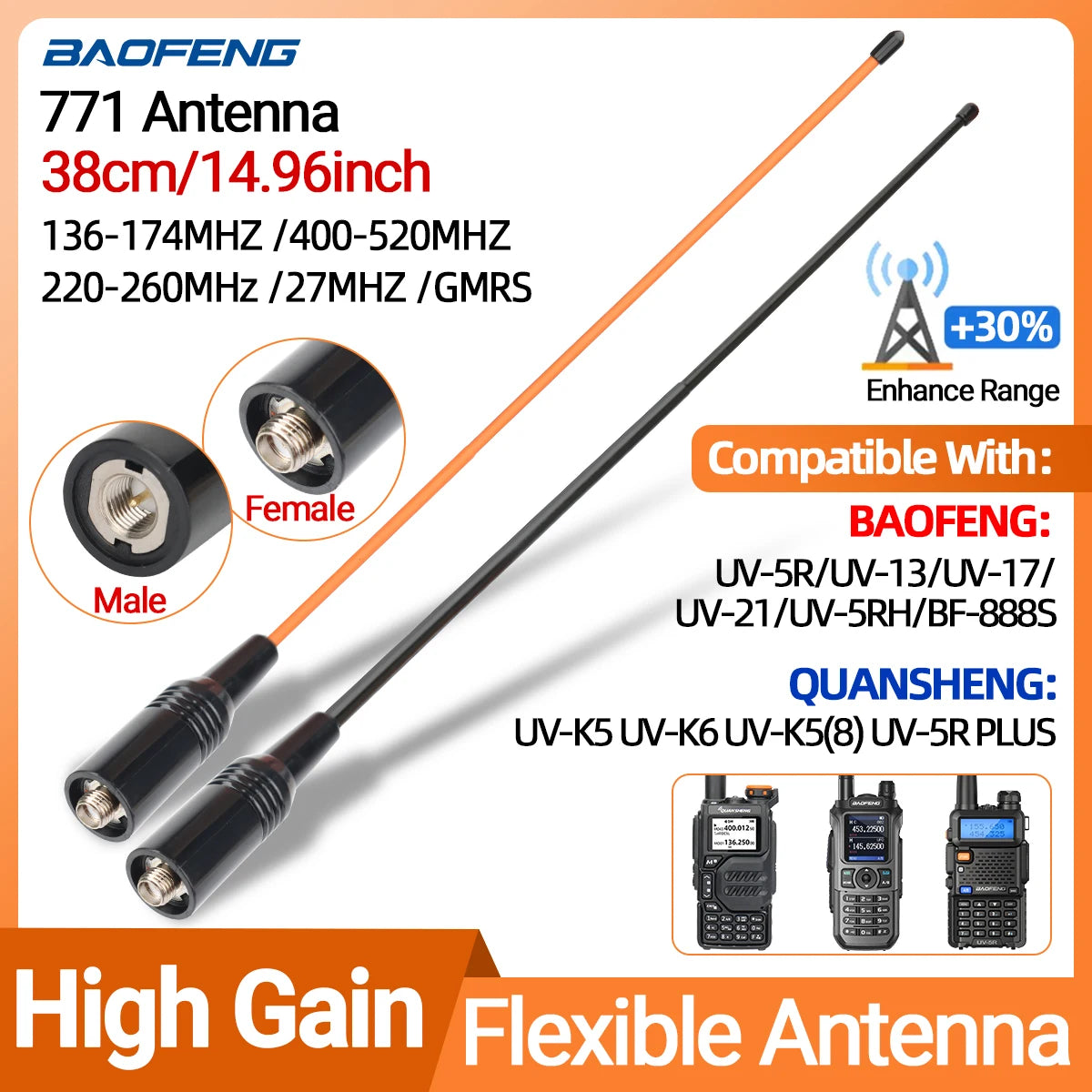 ABBREE Walkie Talkie Antenn SMA Kvinna Man VHF UHF Band Tri-Band GMRS för BaoFeng UV-5R BF-888S Quansheng UV-K5 K6 Skinka Radio