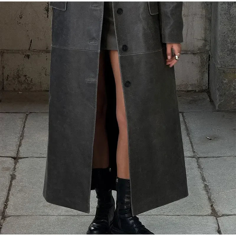 Women's Grey Leather Long Coat with Turndown Collar