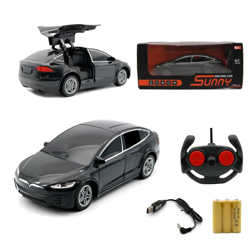 Tesla RC Car – 4-Channel Drift Remote Control Car with Lights and Simulation Double Doors, Plastic Model, Kids' Toy Gift