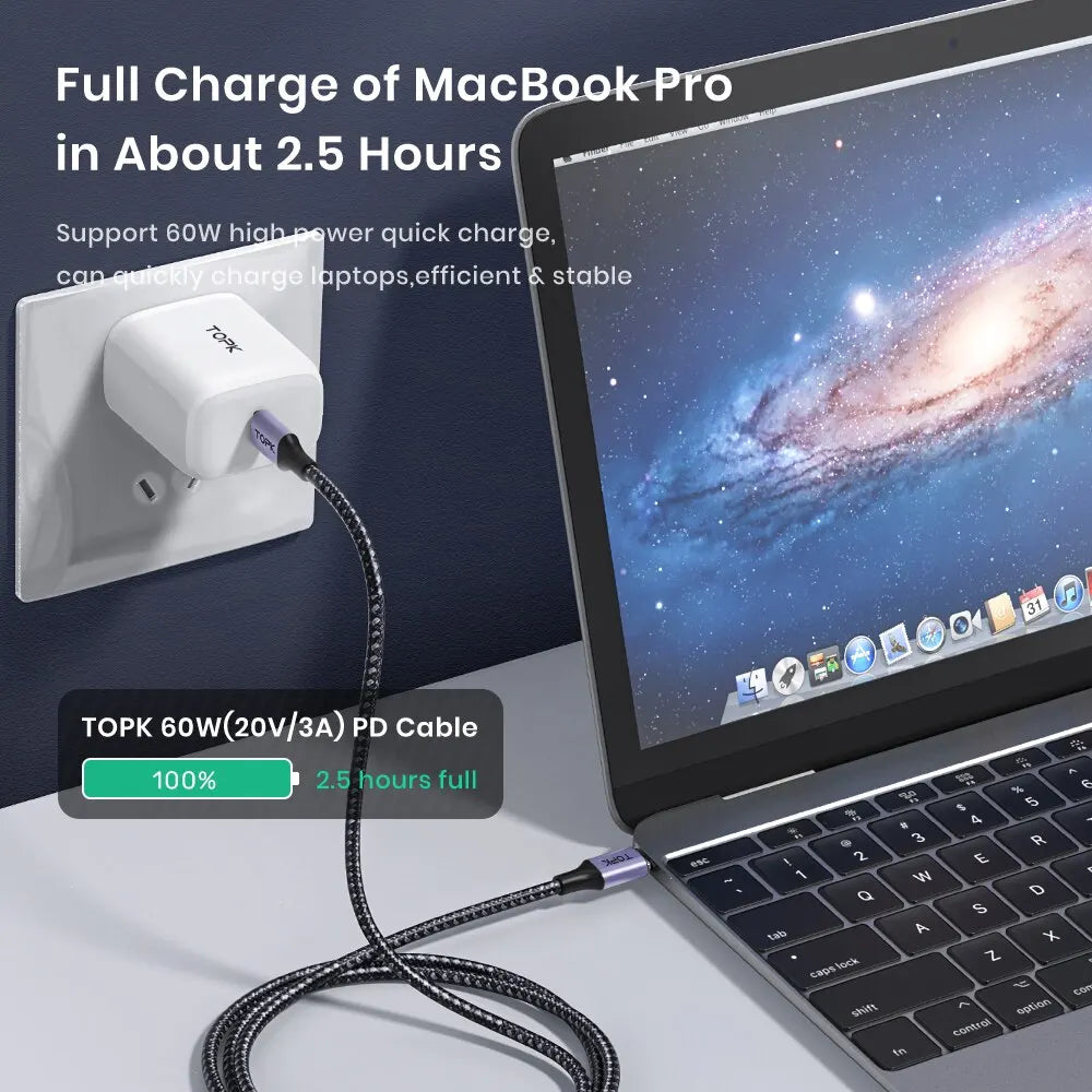 TOPK 60W PD snabbladdarkabel USB C till USB typ C-kabel för MacBook Pro USB C PD-kabel Snabbladdning för Samsung Xiaomii