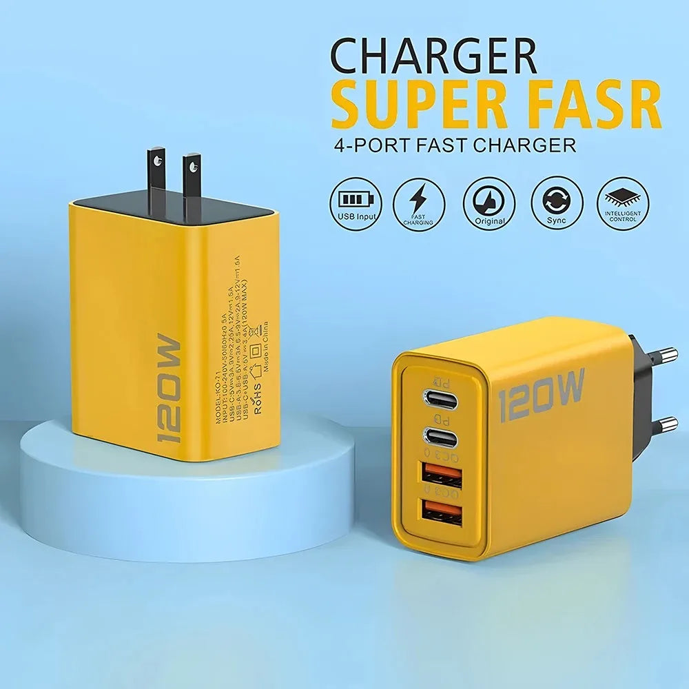 Total 120W Fast Charger Type C Quick Charge 3.0 USB Charger Adapter For iPhone Samsung Xiaomi PD USB Charger Fast Charging Plug