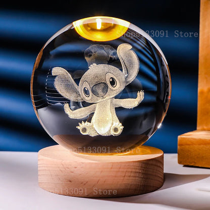 6cm 3D Crystal Ball Night Light – Stitch, Pokémon, Doraemon, Hello Kitty Laser Carved Design, Birthday Gift