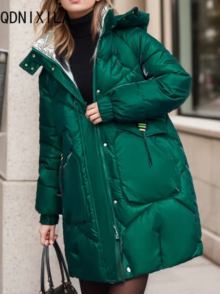 Glossy Hooded Mid Length Down Jacket Casual and Warm