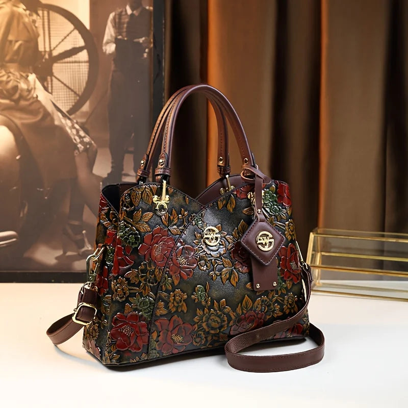 Vintage Flower Pattern Handbag, Luxury PU Leather Tote Bag, Fashion Crossbody Bag For Women