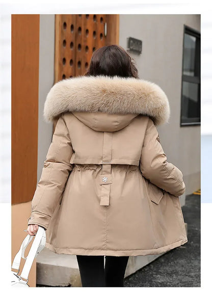 Hooded Long Parka with Wool Liner and Fur Collar Slim and Warm