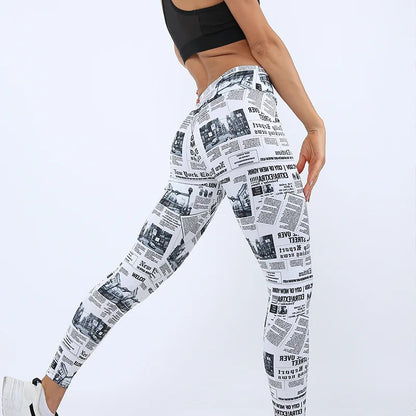 Women's High Waist Seamless Leggings with Newspaper Print