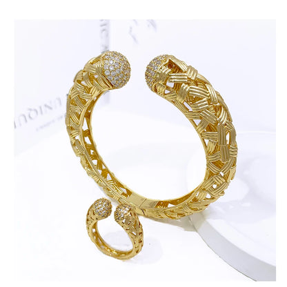 Bracelet For Women 18K Gold Plated Woven Pattern Copper Zircon Bangle And Ring Dubai Jewelry Nigeria Trending Wedding Party Gift