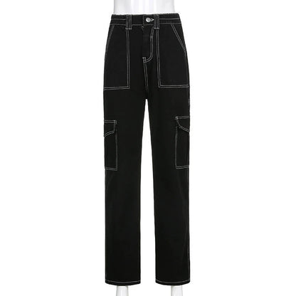 Baggy Black Wide Leg Jeans with Patchwork Pockets and Streetwear Style