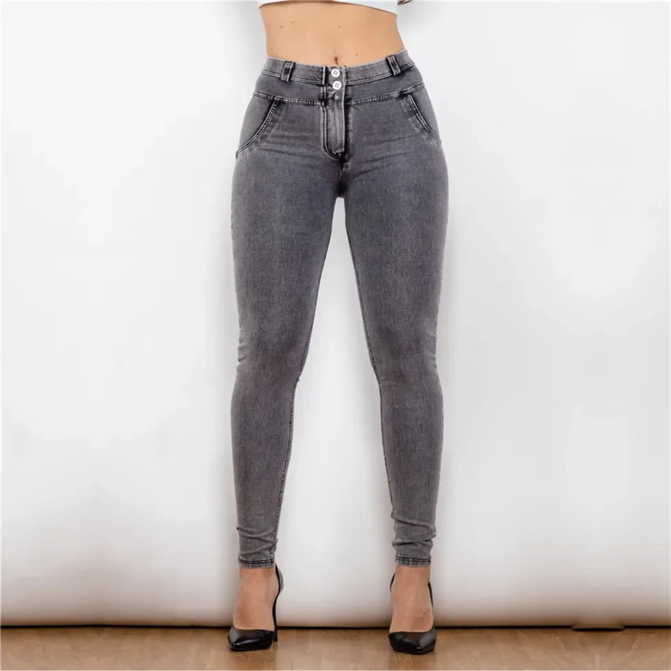 Shascullfites Melody High/Mid Waist Denim Jeans Faux Denim Skinny Super Elastic Snow Wash Faded Gray Jeans Full Length