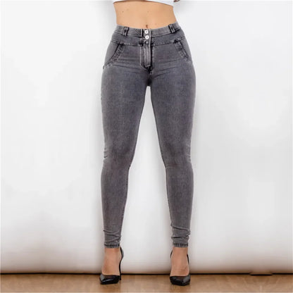 Shascullfites Melody High/Mid Waist Denim Jeans Faux Denim Skinny Super Elastic Snow Wash Faded Gray Jeans Full Length