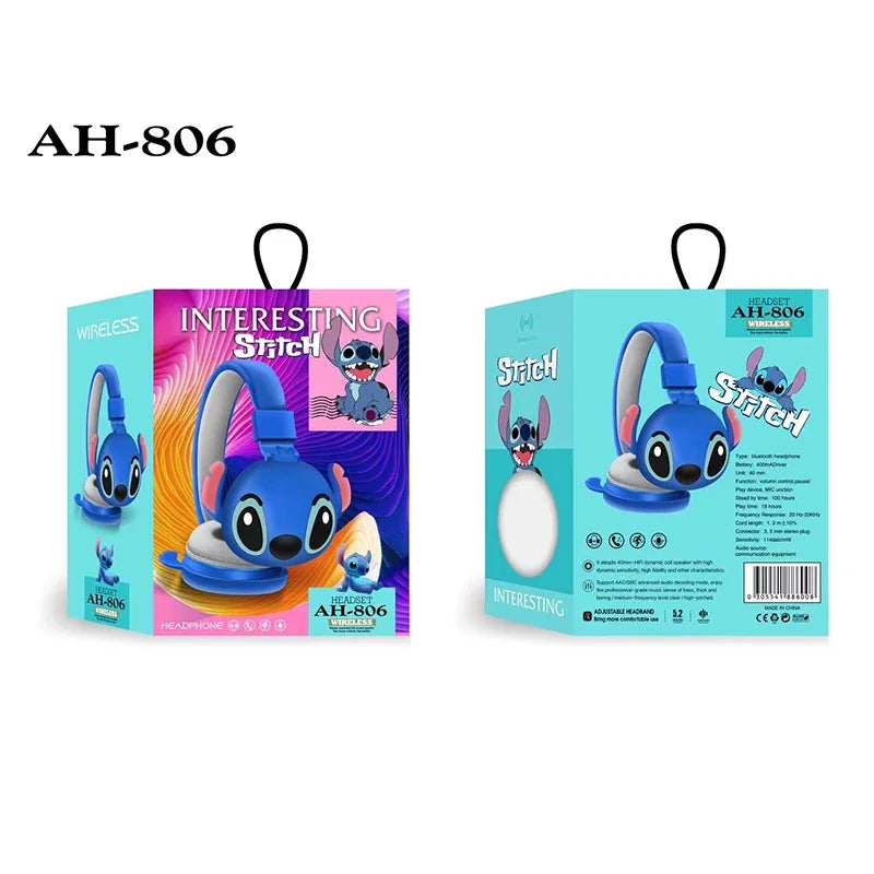 New Disney Stitch Wireless Bluetooth Headphones AH-806 HIFI Stereo Sound Foldable Headsets with Mic Anime Cartoon Children Gift