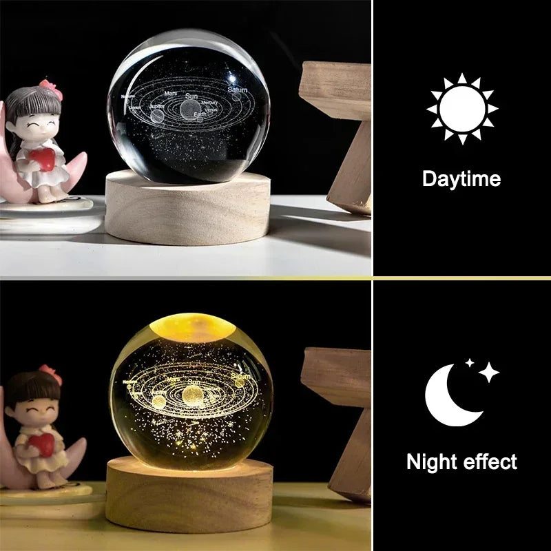 Luminous 3D Crystal Ball LED Night Light – Saturn Solar System & Moon Design, USB Bedroom Lamp, Atmosphere Light for Kids' Birthday Gift