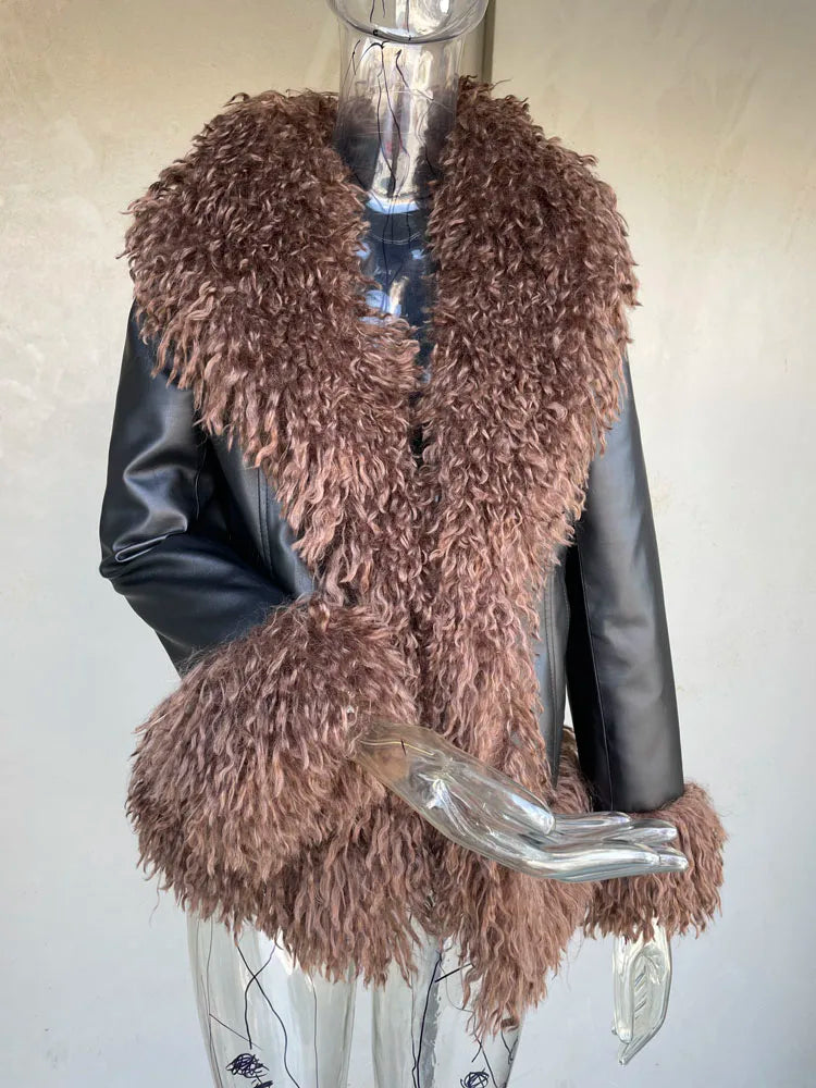 Maxi Suede Jacket with Faux Mongolian Fur Trim and Cotton Lining