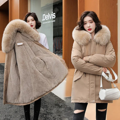 Hooded Long Parka with Wool Liner and Fur Collar Slim and Warm