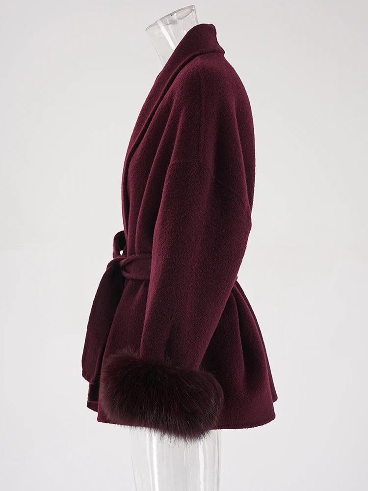 Wine Red Woolen Coat with Fur Cuffs and Belted Design