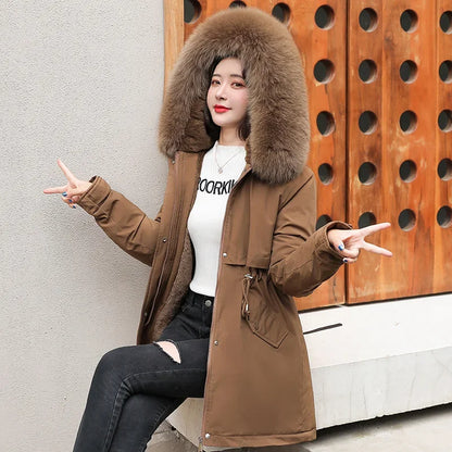 Hooded Long Parka with Wool Liner and Fur Collar Slim and Warm