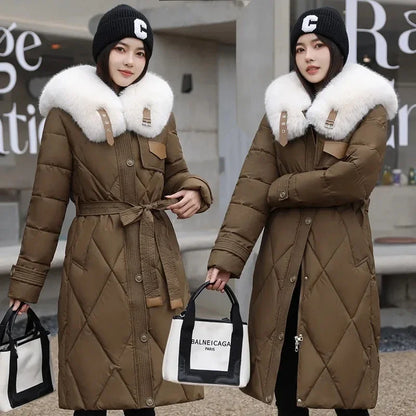 Slim Long Fur Collar Parka Coat Elegant and Warm