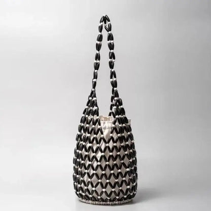 High Fashion Hollow-out Wooden Bead Woven Tote Bag / Female Shoulder Bag Reticulate Netted Canvas Handbag