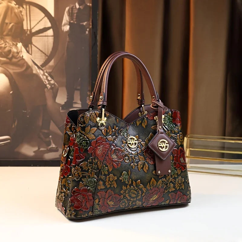 Vintage Flower Pattern Handbag, Luxury PU Leather Tote Bag, Fashion Crossbody Bag For Women