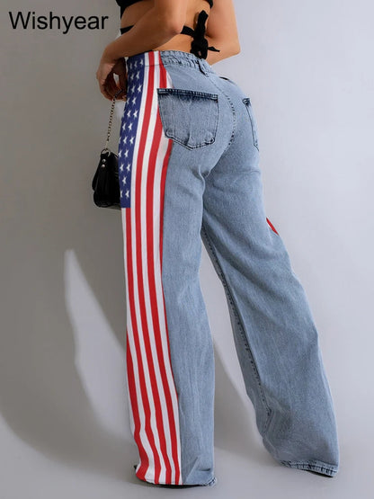 Wide Leg Baggy Jeans with High Waist and Stripe Patchwork Design