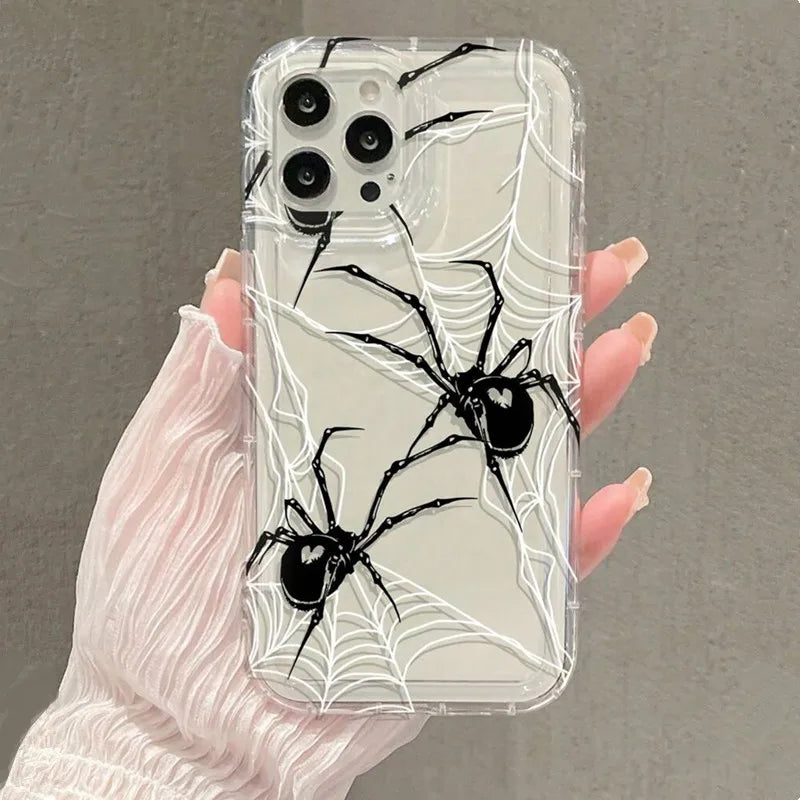 Black Spider Web Soft Phone Fodral För iPhone 13 11 12 14 15 16 Pro Max XR X XS Max 7 8 15 Plus SE 3 Stötsäkert Transparent skal