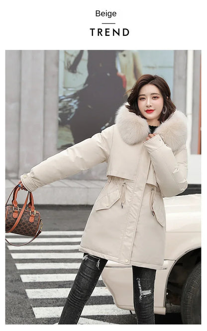 Hooded Long Parka with Wool Liner and Fur Collar Slim and Warm