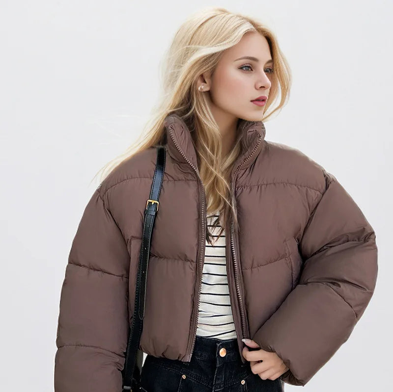 Women's Cropped Puffer Jacket with Stand Collar