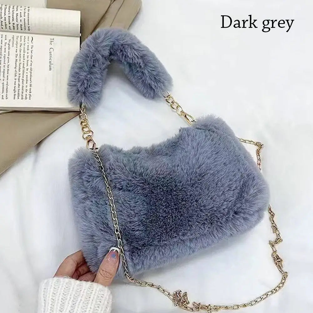 Fashion Women Fluffy Shoulder Bag – Winter Chain Underarm Bag med mjukt plyschhandtag