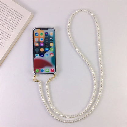 Luxury Korean Crossbody Pearl Chain Phone Case with Transparent Cover and Strap for iPhone