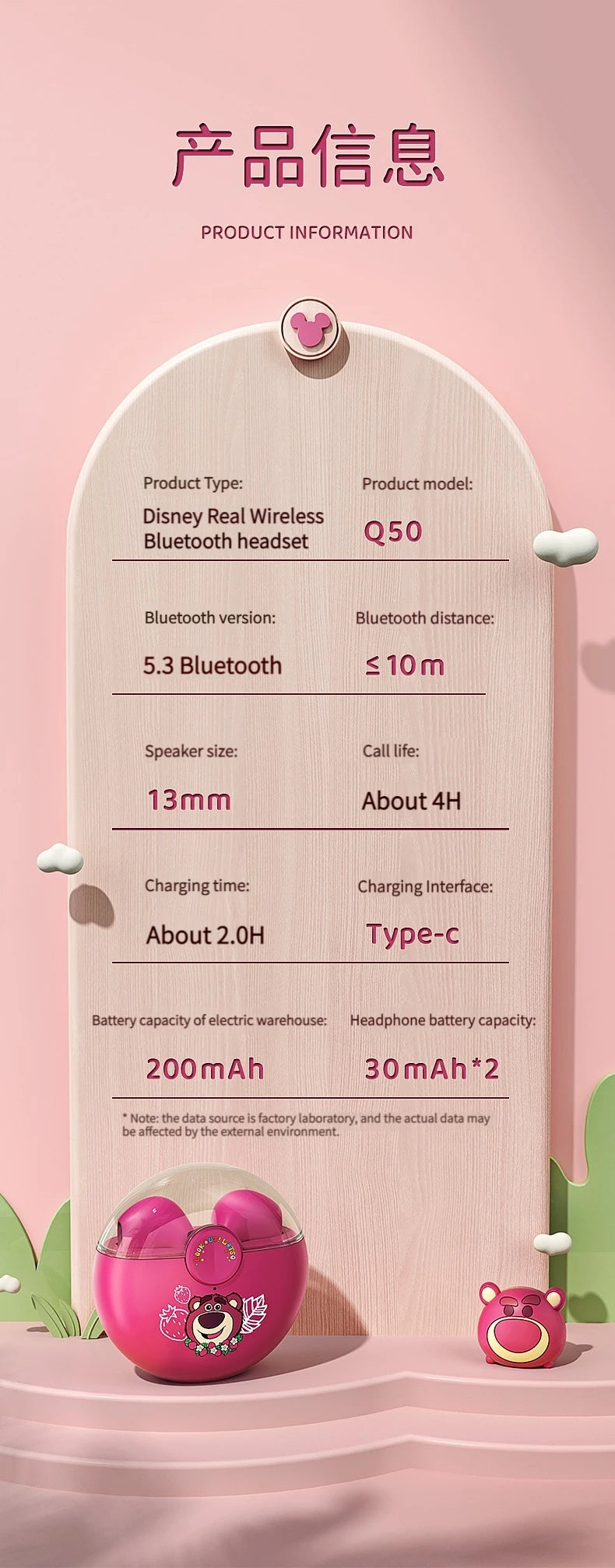 New Disney Q50 Stitch Angel Wireless Bluetooth 5.3 Earphones HiFi Surround Sound Headset Smart Touch Headphone Long Endurance