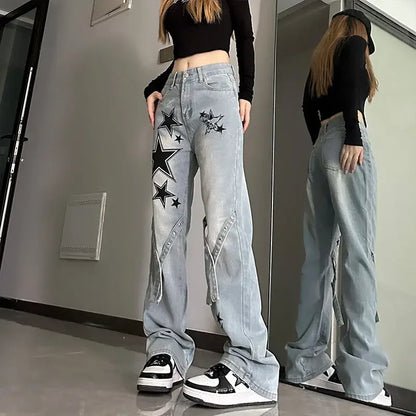 Damjeans med tryck Grafiskt mönster Stjärnbyxor vida ben Emo Vibrant Baggy R Rea Grunge Y2k AZ jeansbyxor för kvinnor